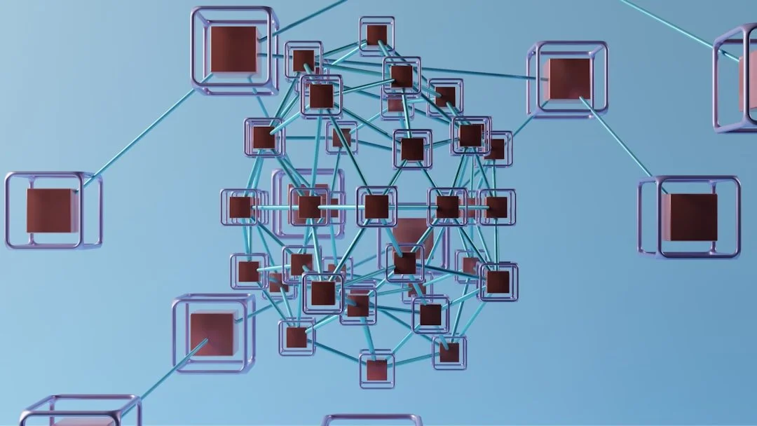 A digital illustration of interconnected square nodes forming a complex network on a blue background.