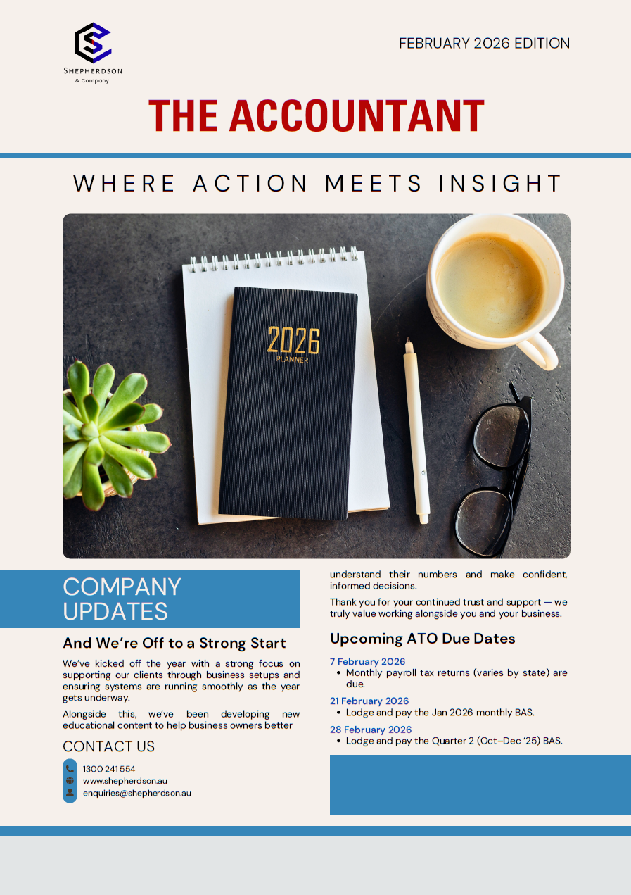 Cover page of Shepherdson & Company's February 2026 edition of The Accountant newsletter, featuring a black 2026 planner, a white notepad, a cup of coffee, a pen, sunglasses, and a small potted succulent plant on a dark surface.