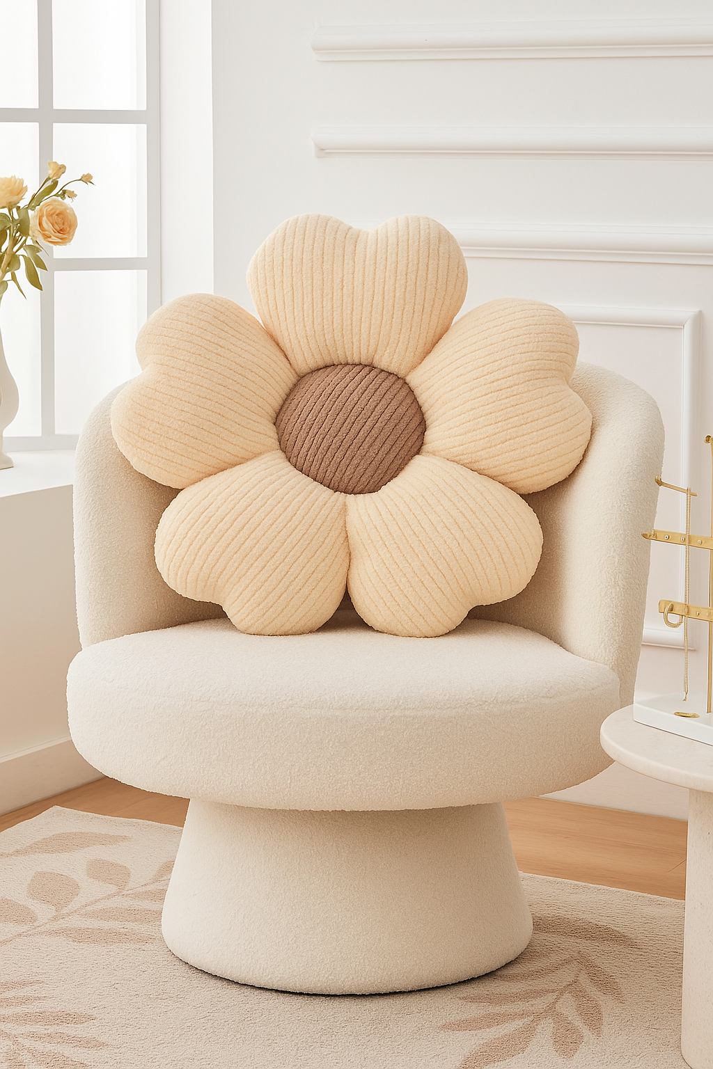 Cozy white bouclé accent chair styled with a plush flower-shaped throw pillow in a soft neutral bedroom corner.