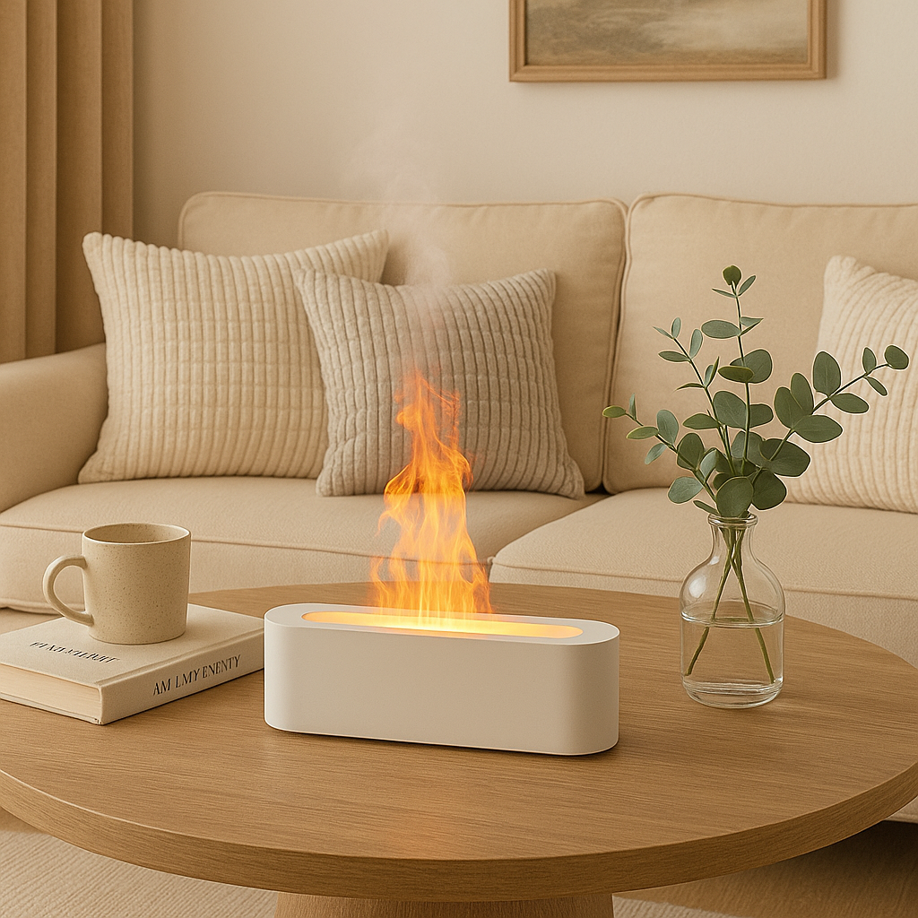 Cozy living room coffee table styled with a flame-effect diffuser, books, a mug, and a vase of greenery.