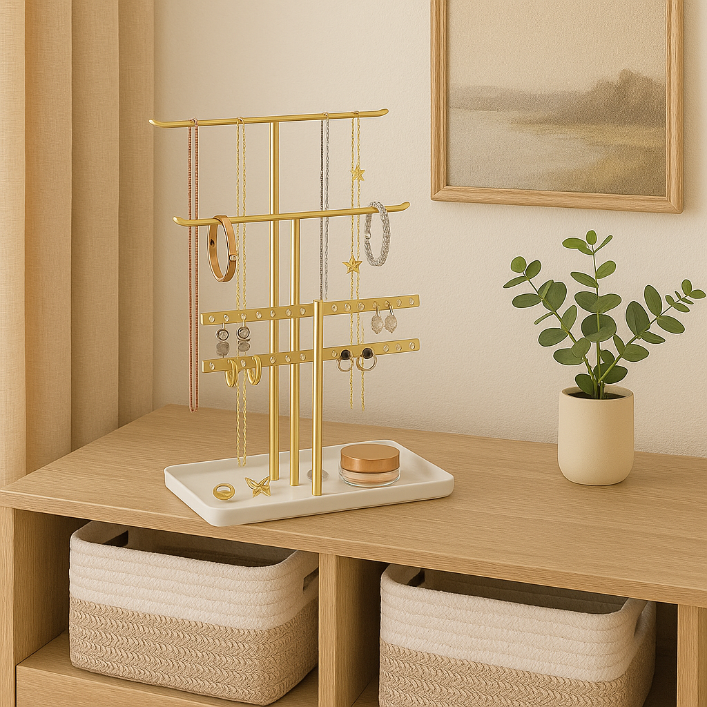 Gold jewelry organizer on a wooden vanity, styled with woven storage baskets, plants, and minimalist wall art.