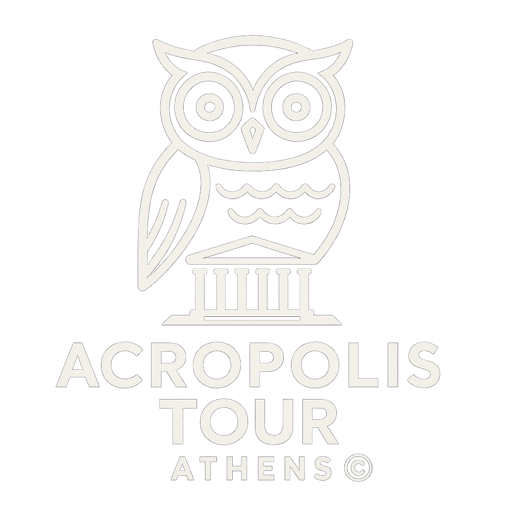 Logo for Acropolis Tour Athens featuring an owl perched on a Greek temple with stylized design elements.