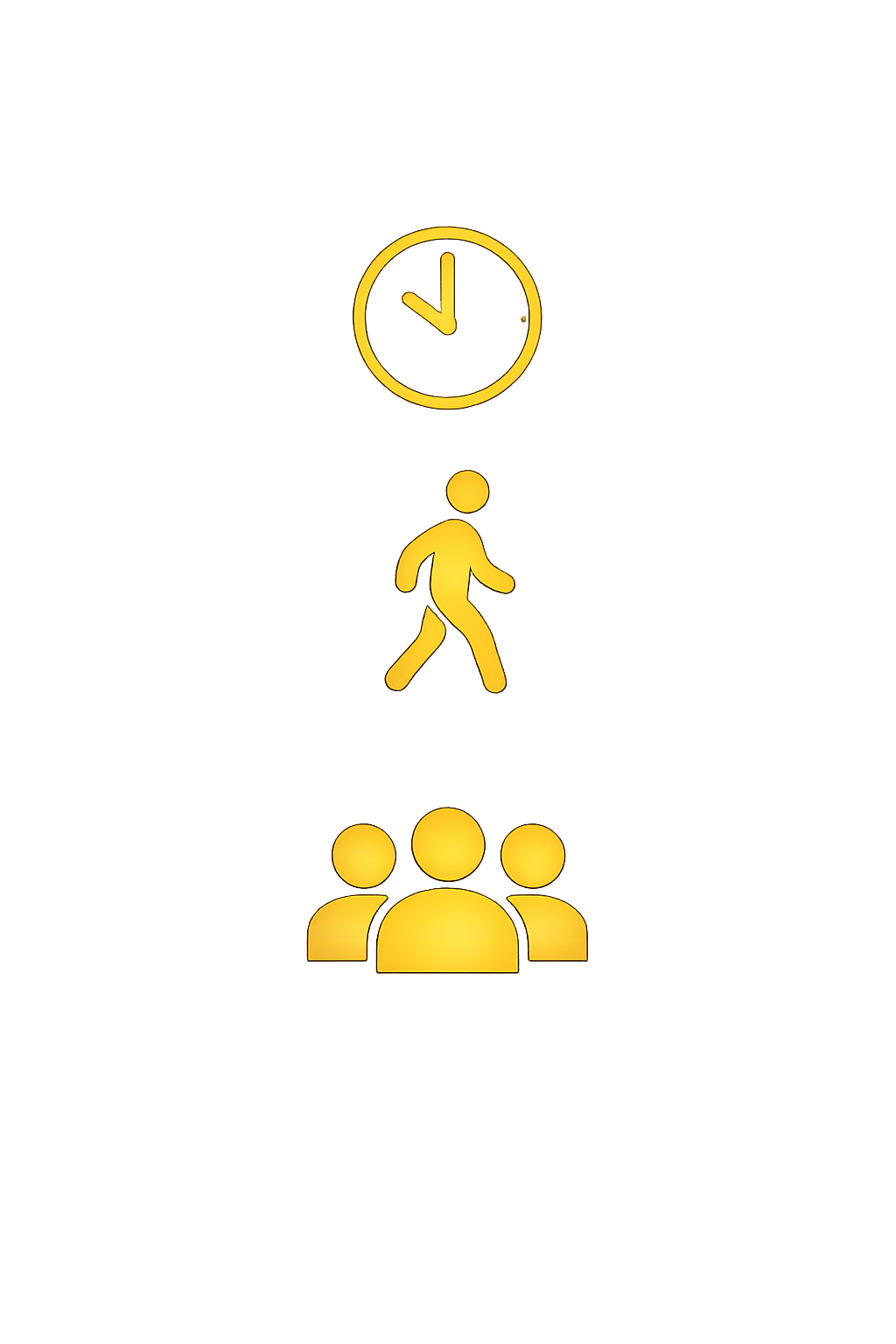 A graphic illustration showing a person walking on top of a group of three people, with a clock above indicating the time. The image uses yellow and black colors to symbolize time management or productivity.