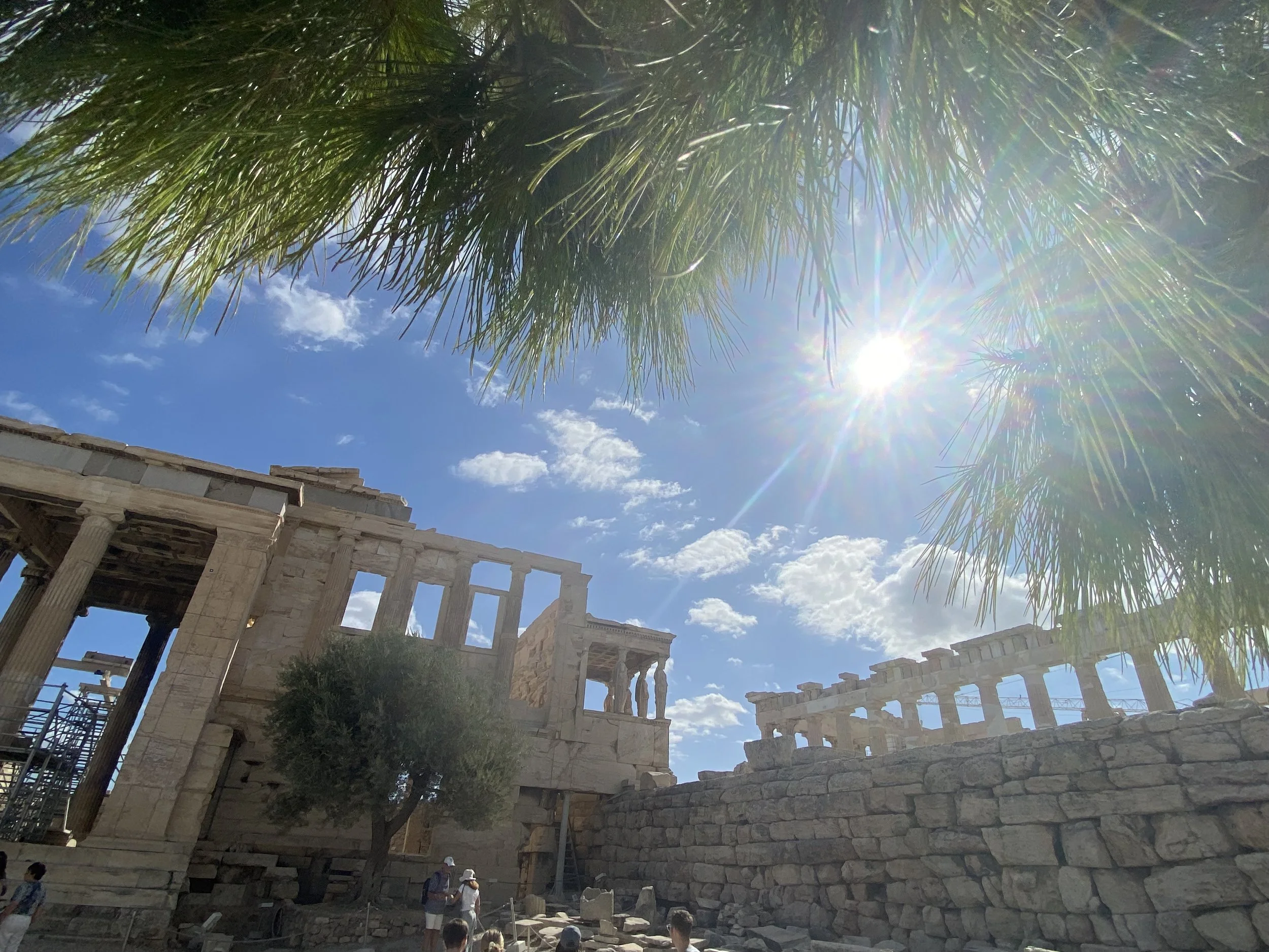 Ancient Greek temple ruins with columns, a stone wall, and a tree in the foreground. The sky is blue with some clouds, and the sun is shining brightly through palm tree branches.