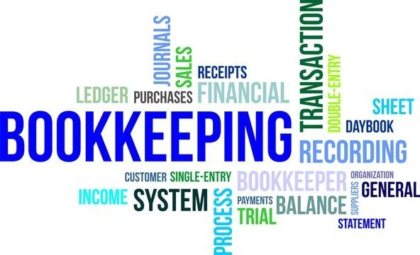 A word cloud with terms related to bookkeeping, including 'BOOKKEEPING,' 'SYSTEM,' 'TRANSACTIONS,' 'BALANCE,' 'RECORDING,' 'INCOME,' and 'PROCESS,' displayed in various sizes and colors.