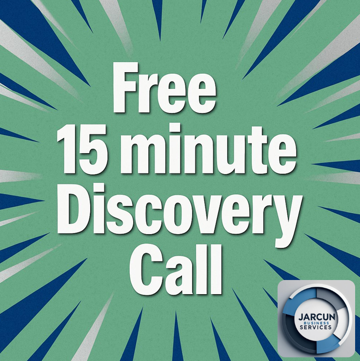 A promotional graphic with green background and blue and gray rays emanating from the center. Text in large white font reads: 'Free 15 minute Discovery Call.' There is a logo in the bottom right corner for JARCUN Business Services.