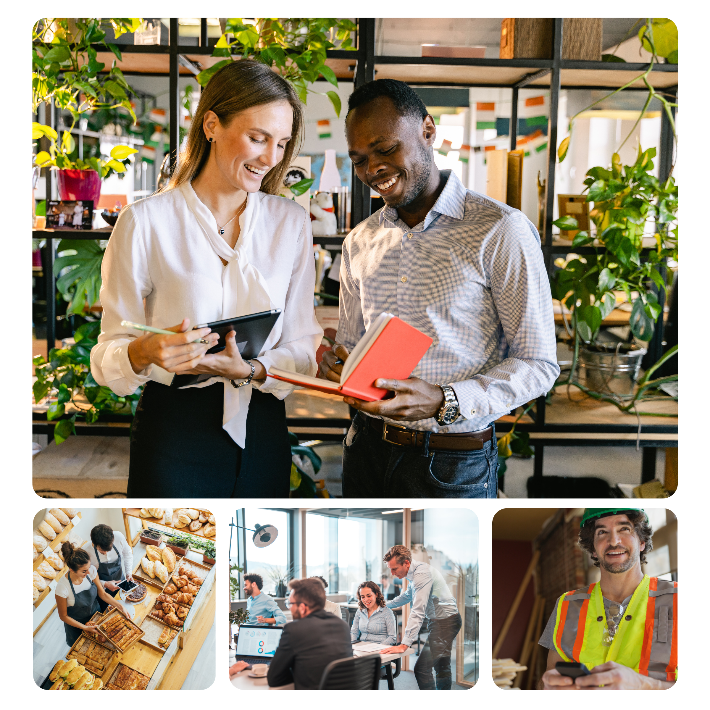 A collage of four images depicting various professional and business scenes. The main image shows a woman and a man in business attire discussing documents and smiling in an office with plants. The other images include people shopping for baked goods, a group of coworkers in a meeting, and a construction worker using a smartphone.