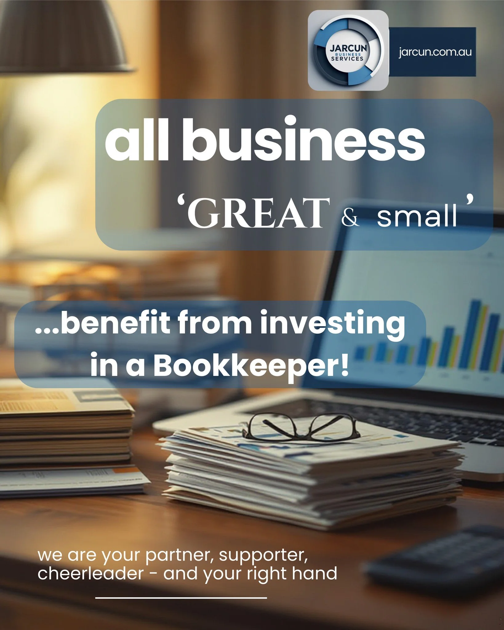 Business desk with stacks of paperwork, glasses, a calculator, and a laptop displaying a bar chart, with overlay text promoting bookkeeping services.