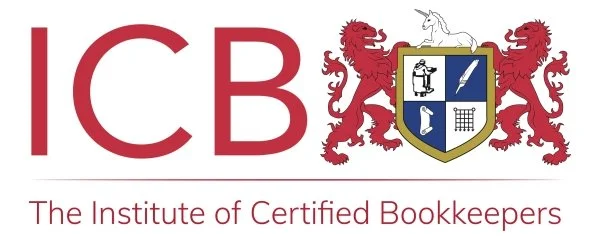 Logo of the Institute of Certified Bookkeepers (ICB) with red text, a shield with symbols, and red lions on either side.