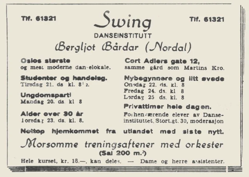 Annonse for Swing Danseinstitutt 1936
