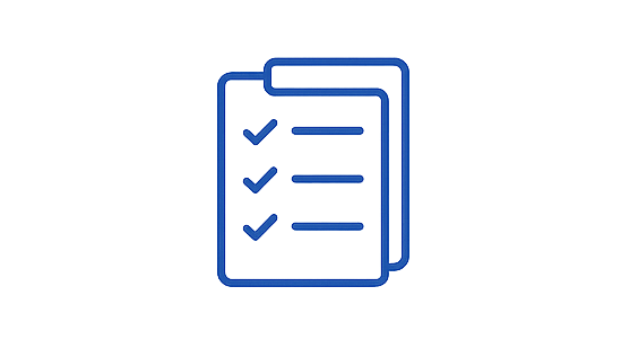 Blue outline of a checklist with four checkmarks and lines representing completed tasks.