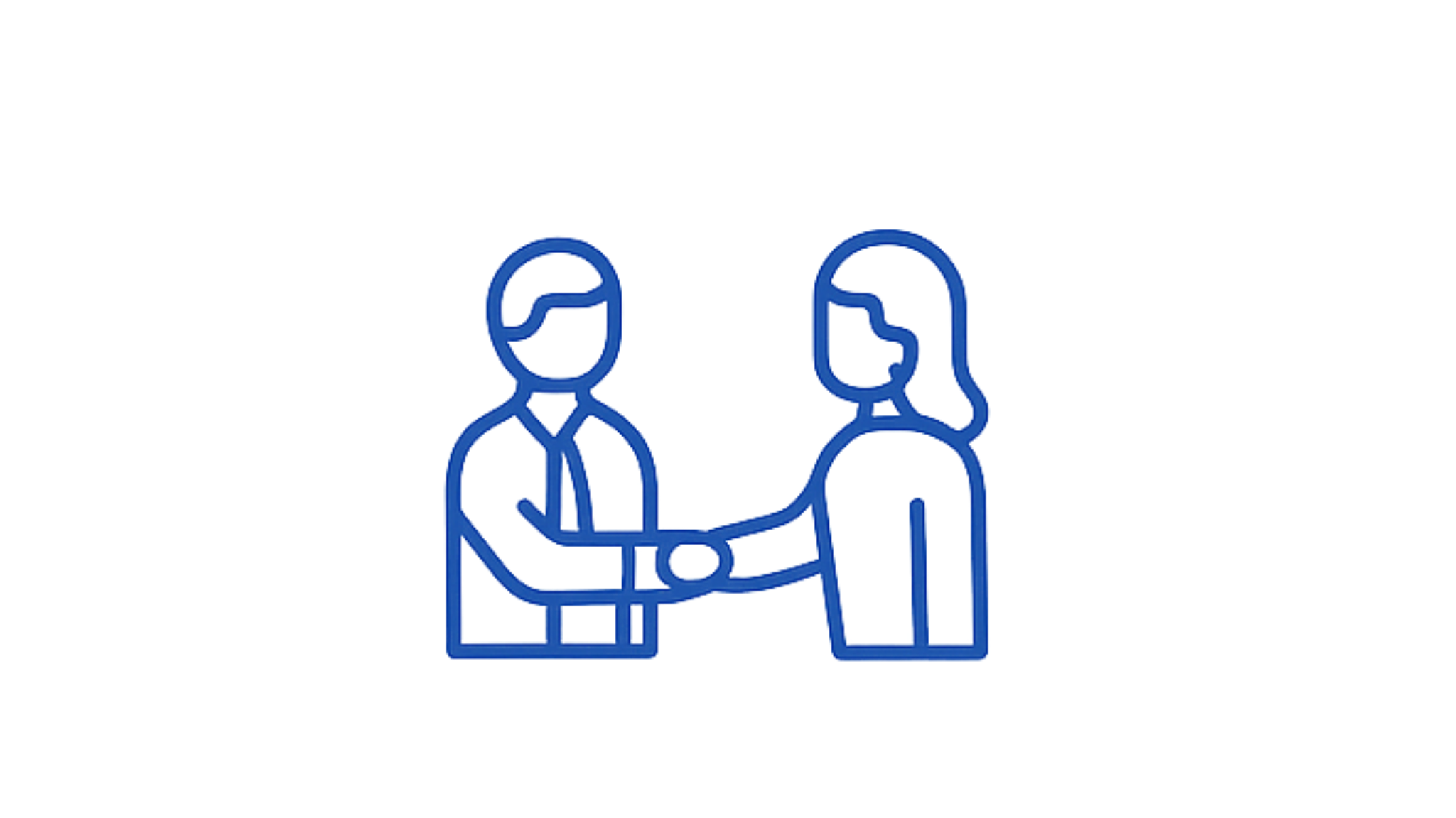 Line drawing of a person in a suit shaking hands with a woman in a blouse.