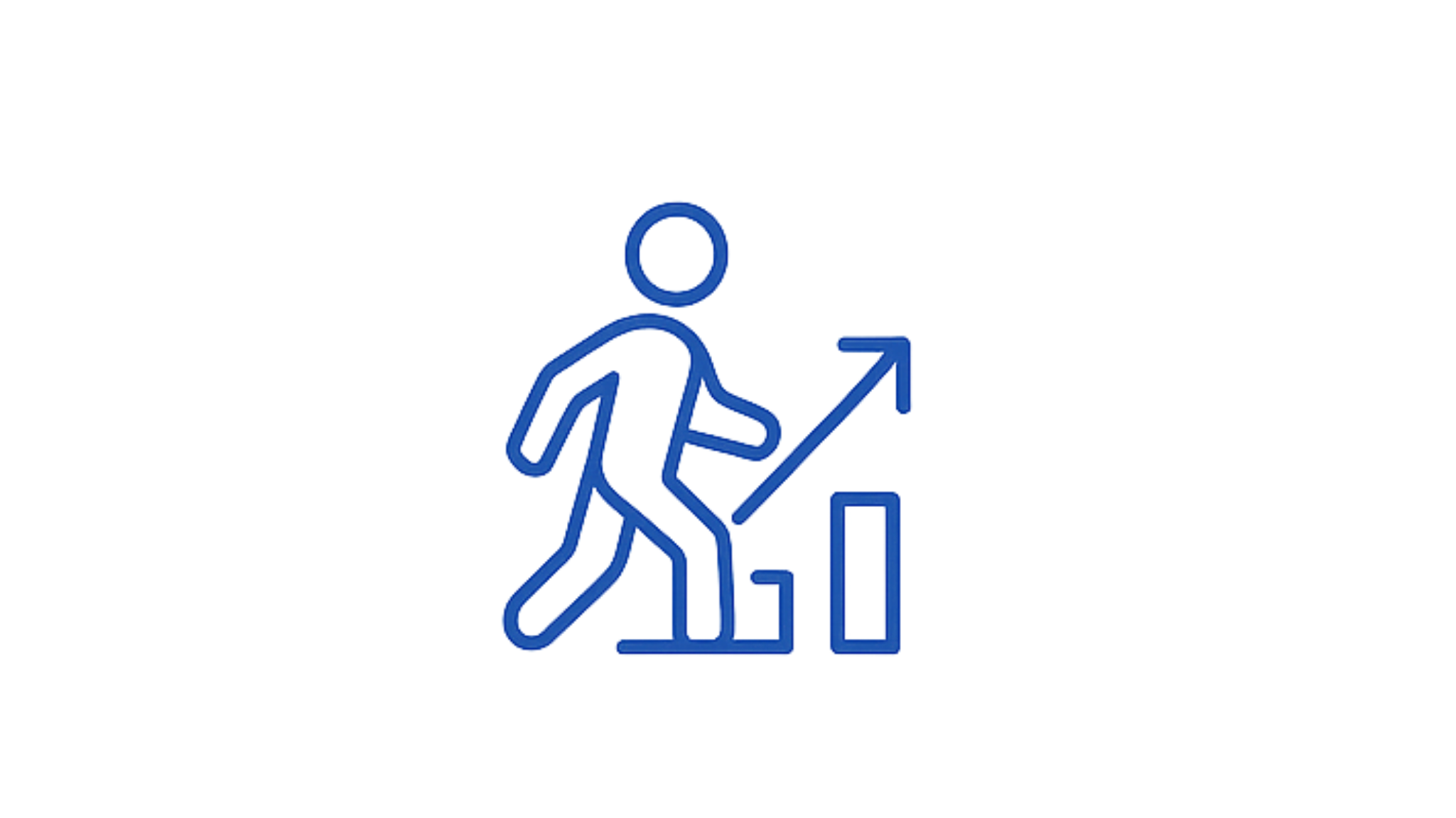 Line drawing of a person with a briefcase walking up steps towards an ascending arrow with a bar graph on the right