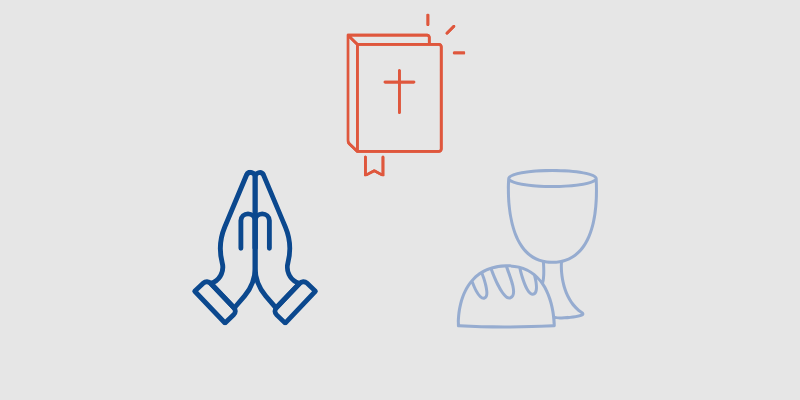 Christian symbols including praying hands, a Bible with a cross, and a chalice with bread on a gray background.