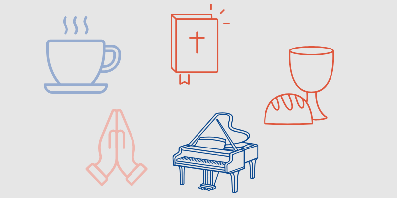 Line drawing of a steaming coffee cup, a Bible with a cross, a loaf of bread with a wine glass, praying hands, and a grand piano.