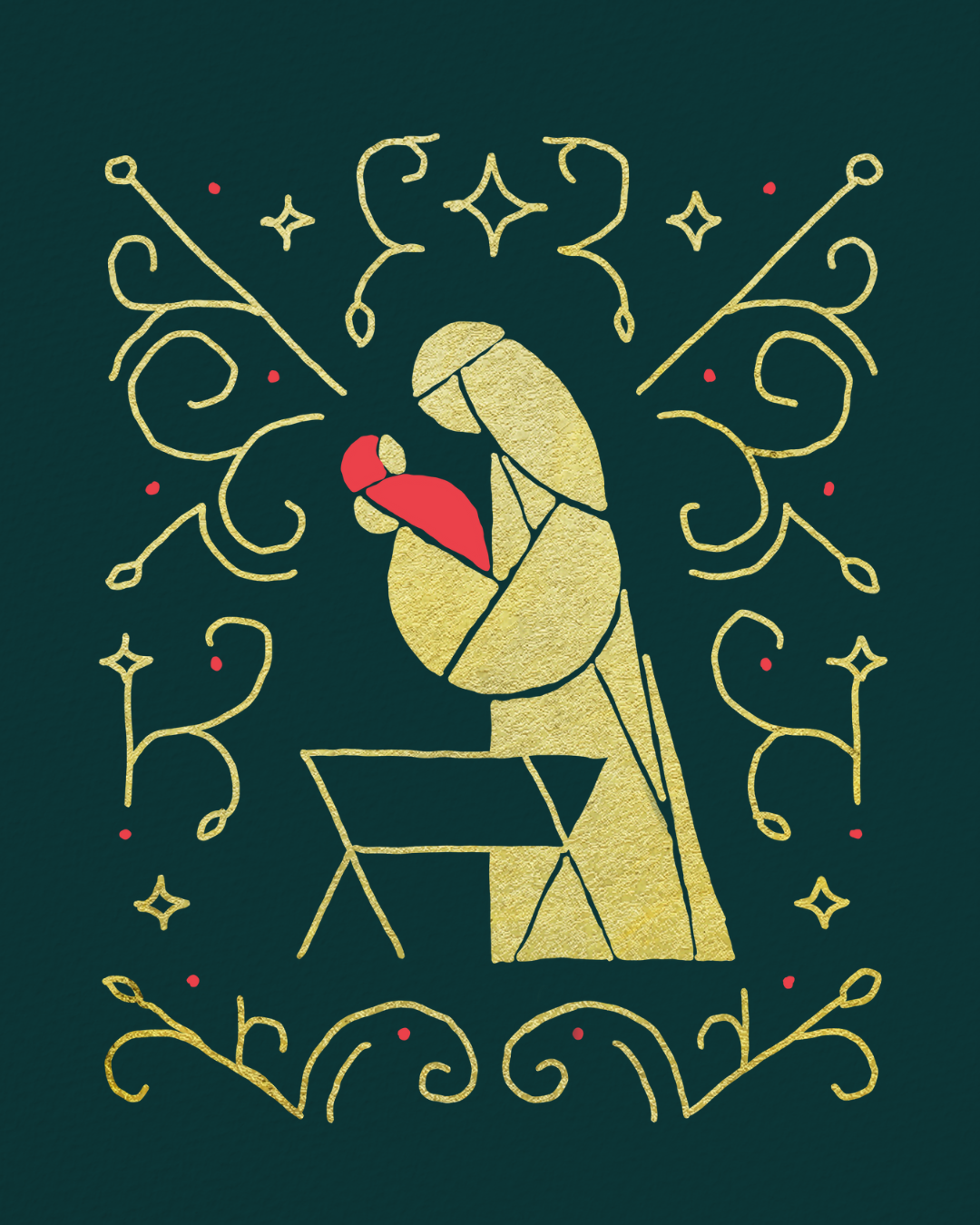 Gold-colored abstract bird with red on its beak, surrounded by decorative golden swirls and small stars, on a dark green background.