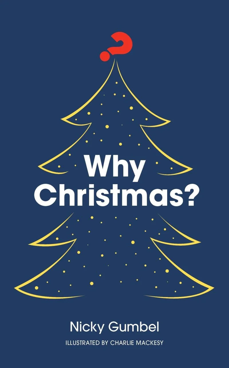 Book cover titled "Why Christmas?" by Nicky Gumbel, illustrated by Charlie Mackesy, featuring a stylized Christmas tree decorated with yellow dots and a red question mark at the top, set against a dark blue background.