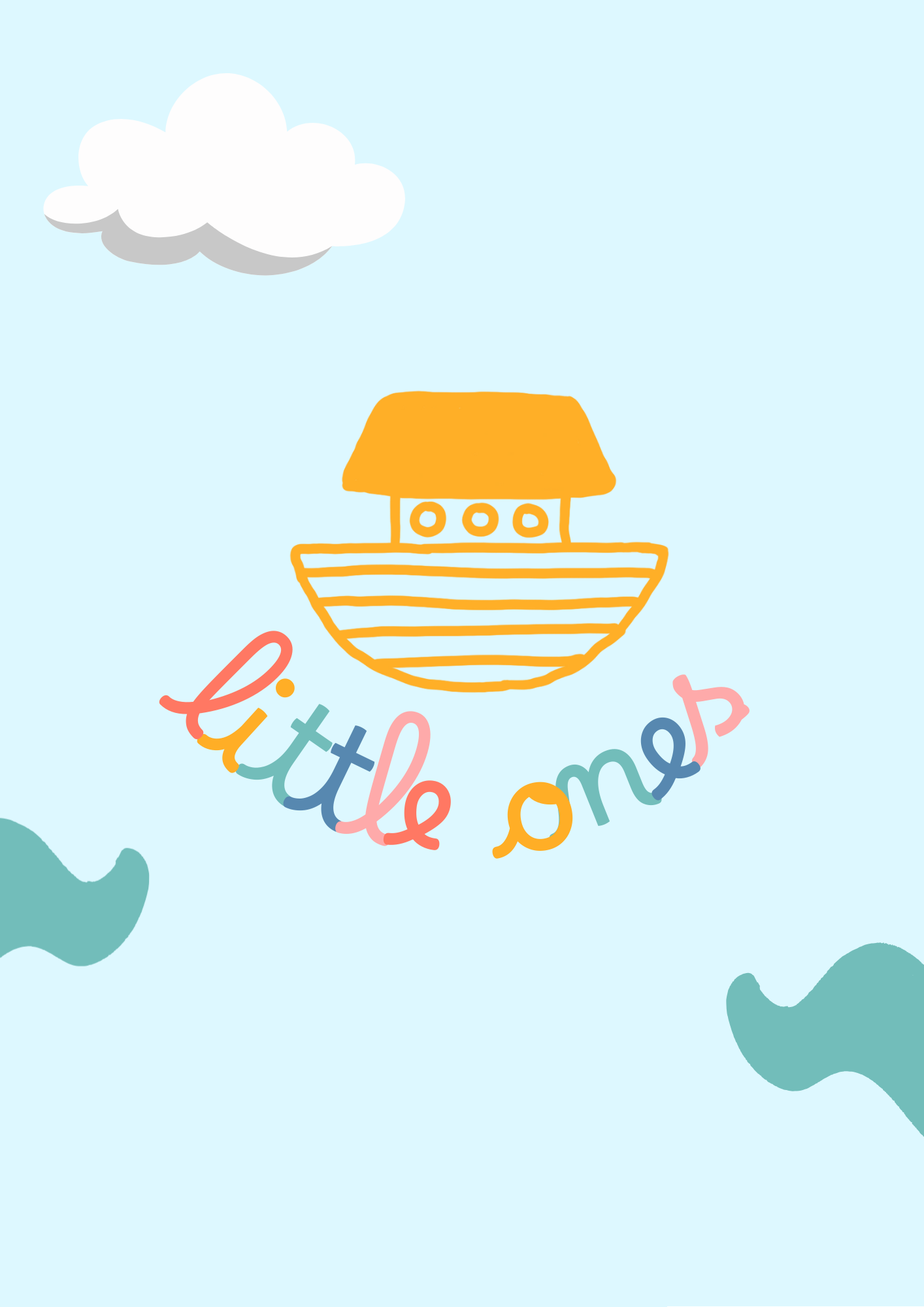 A cartoon illustration of a small boat with a thatched roof, floating in a blue sky with a white cloud, and the text "little one" in colorful letters below it.