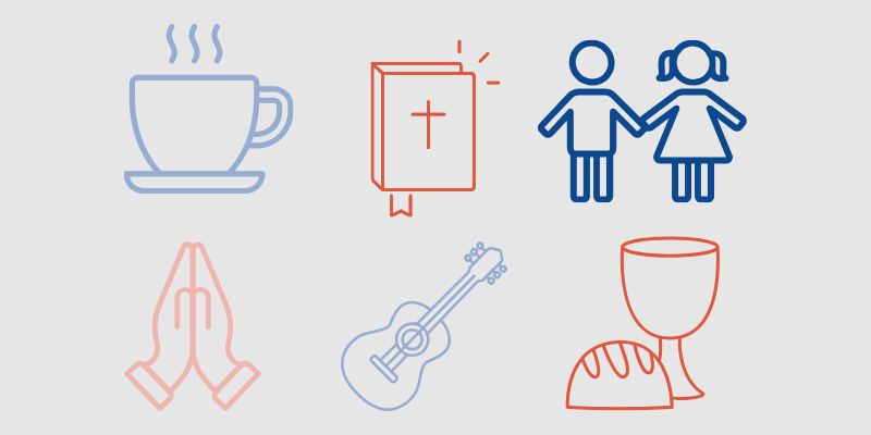 Minimalist line icons of a steaming coffee cup, a Bible with a cross, two children holding hands, praying hands, an acoustic guitar, and a chalice with bread.