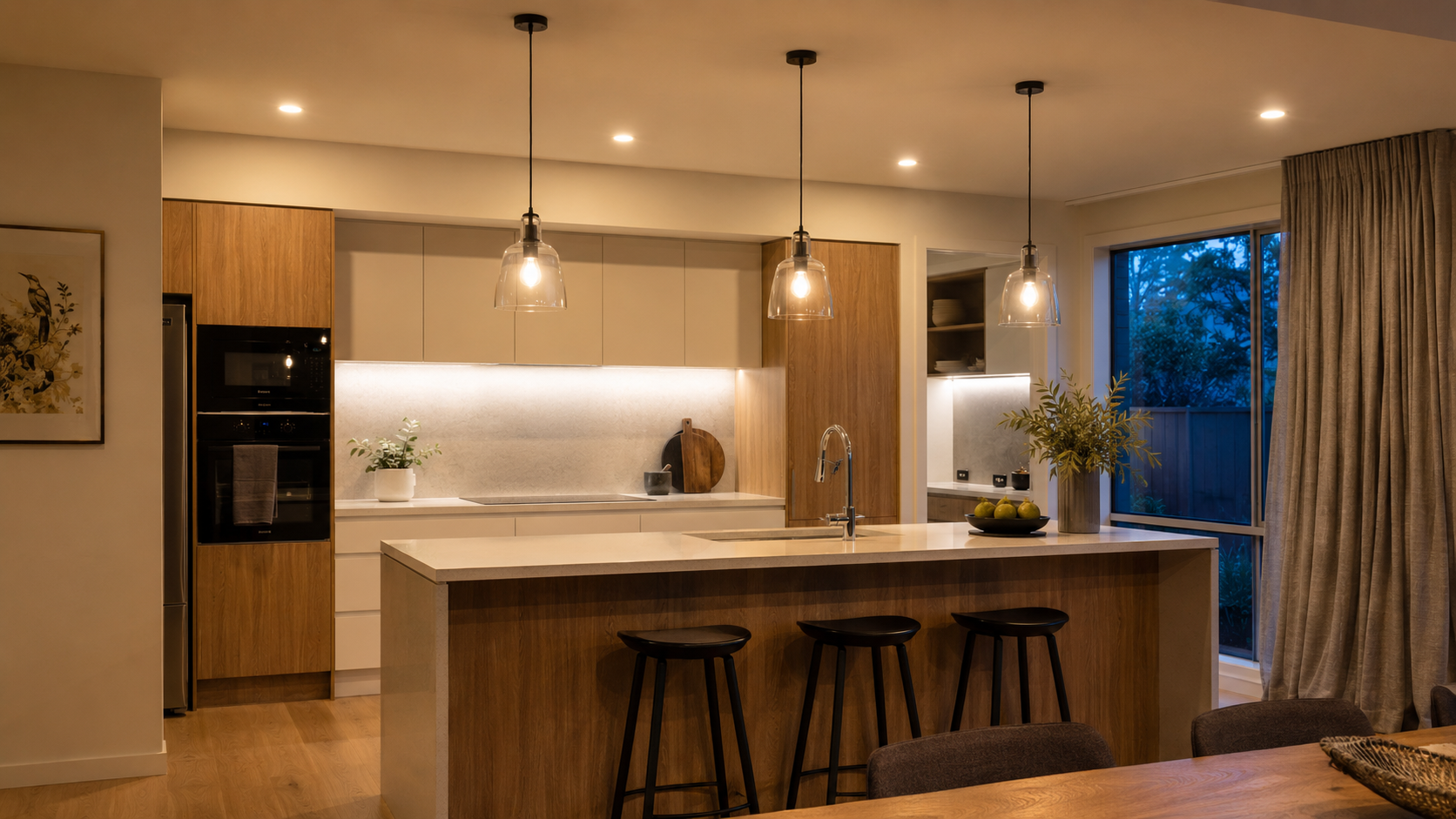 Modern residential kitchen lighting installed by Mayday Electrical in Canberra