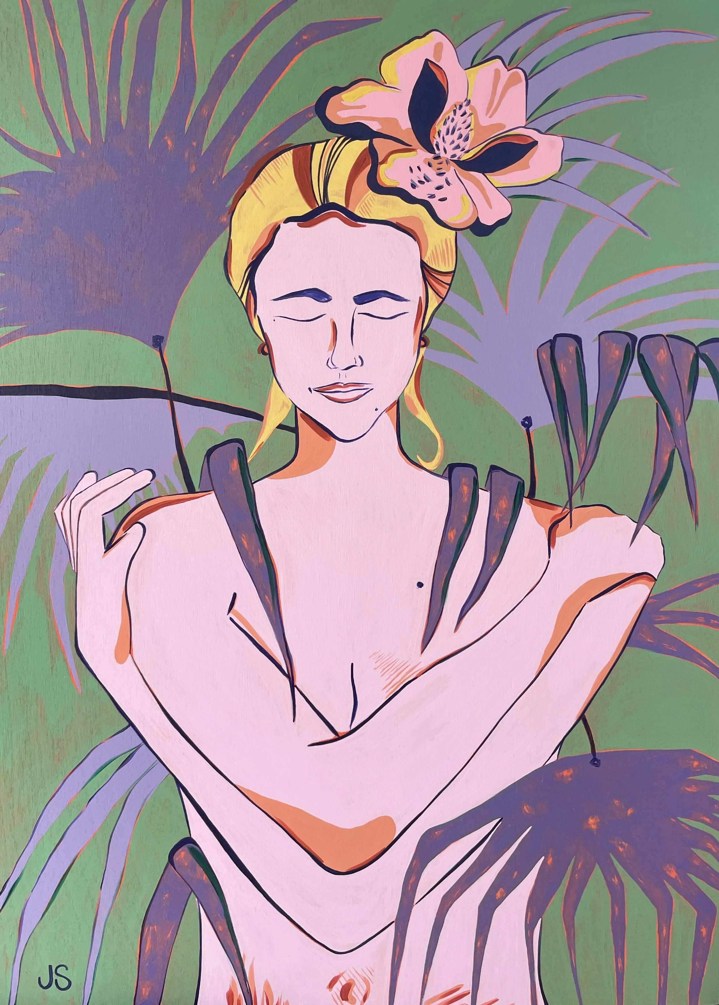 Self Portrait with Magnolia Blossom and Palm Fronds