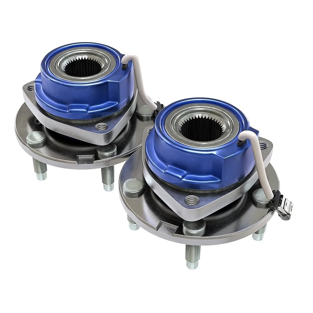 Two automotive wheel bearing hubs with sensors, shown from an angle against a white background.