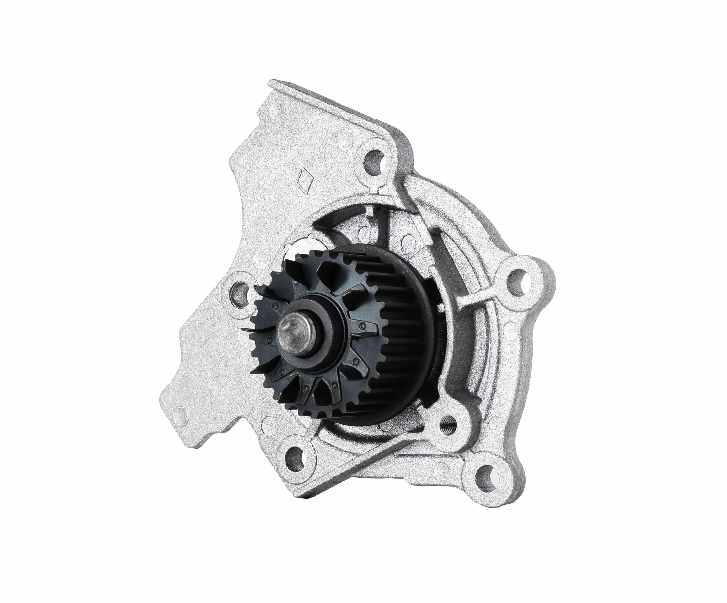 Automotive part, likely a water pump or timing gear, with a metal housing and a black plastic component with gear teeth.