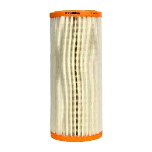 A cylindrical pleated air filter with orange rubber seals on top and bottom.