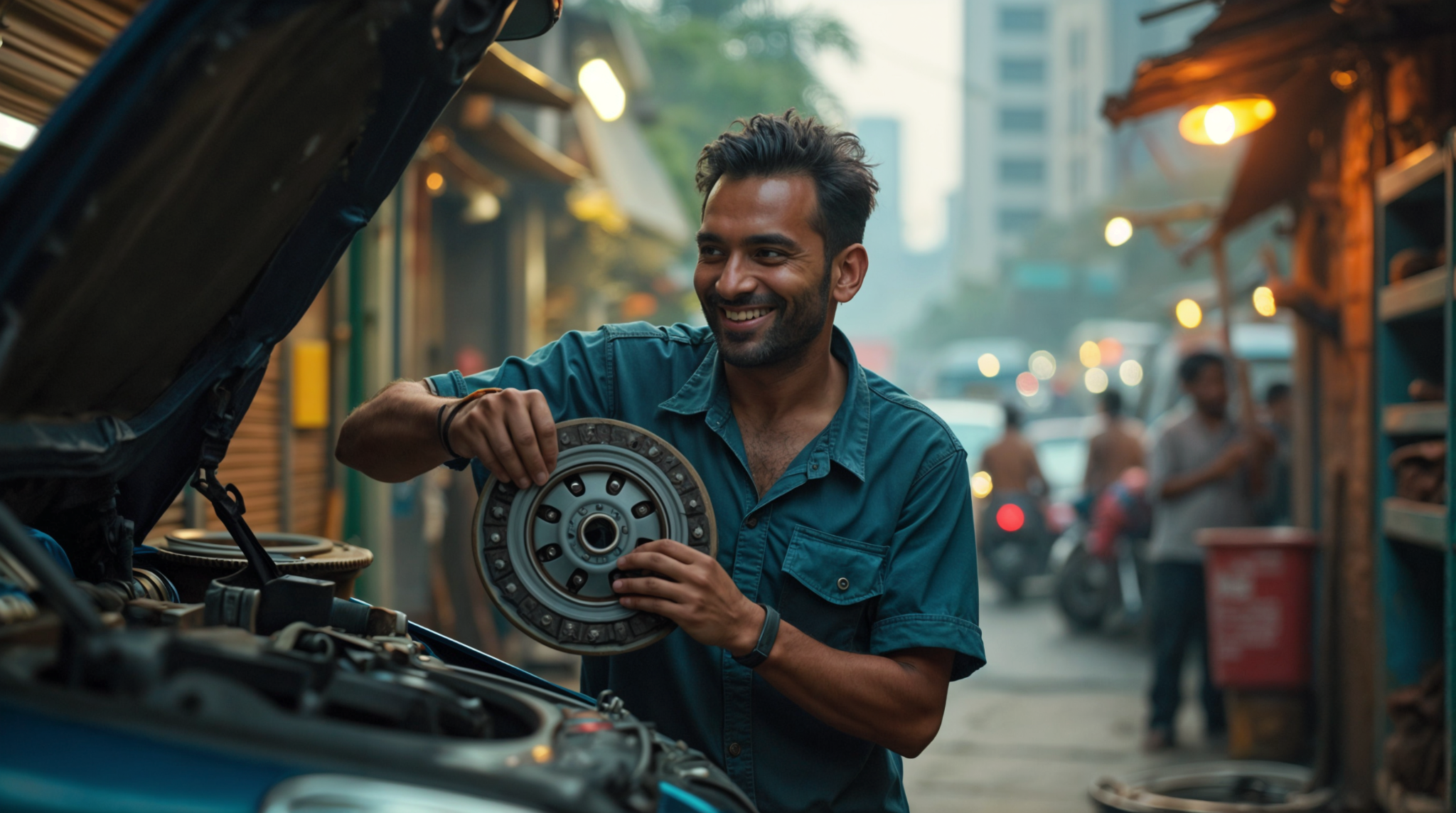 A man working on a car engine at an outdoor auto repair shop near a busy street with shops and pedestrians.