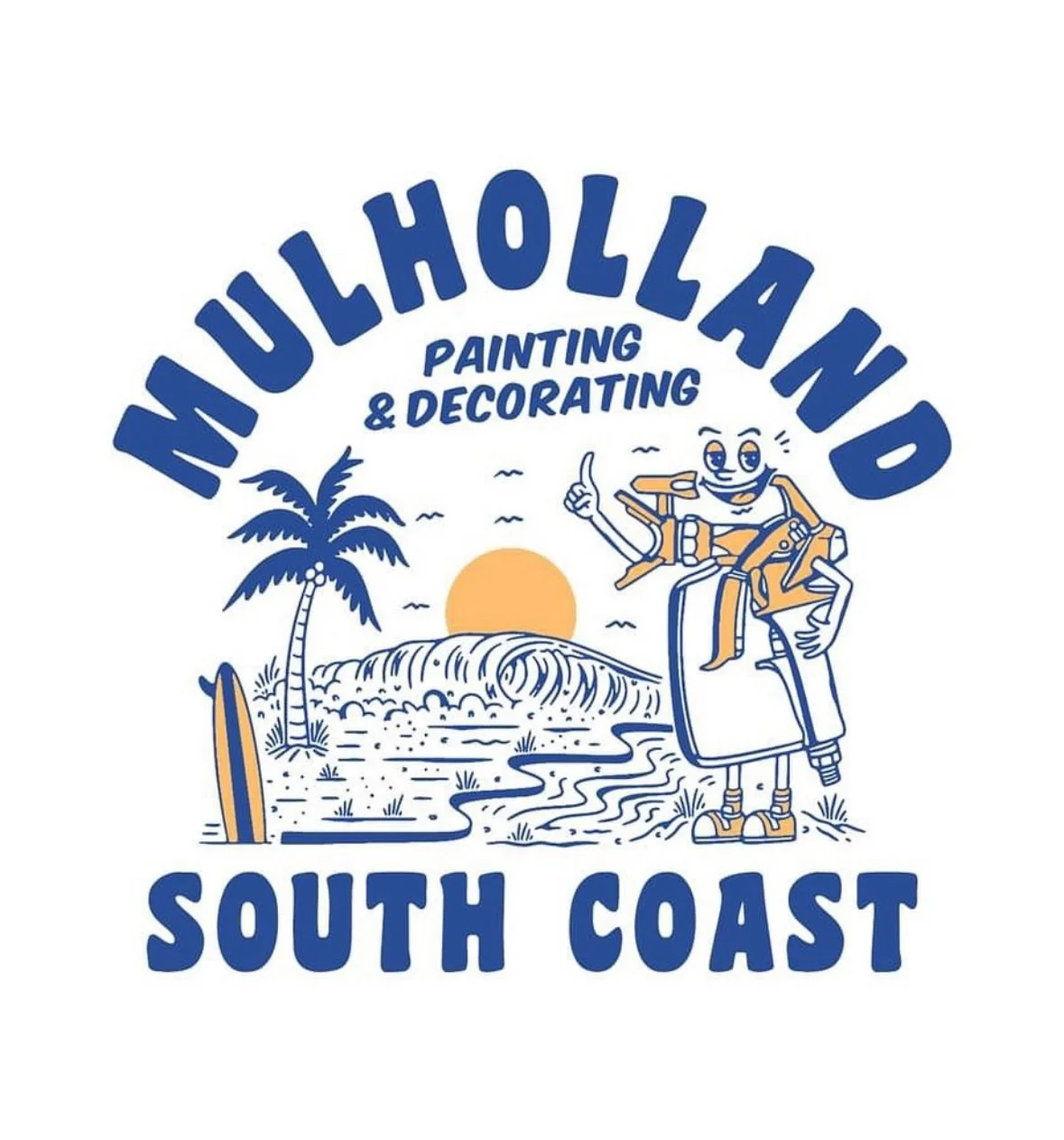 Logo for 'Indulholland South Coast' featuring a cartoon robot with a backpack and surfboard, a palm tree, a sunset over the ocean, and the text 'Painting & Decorating'.