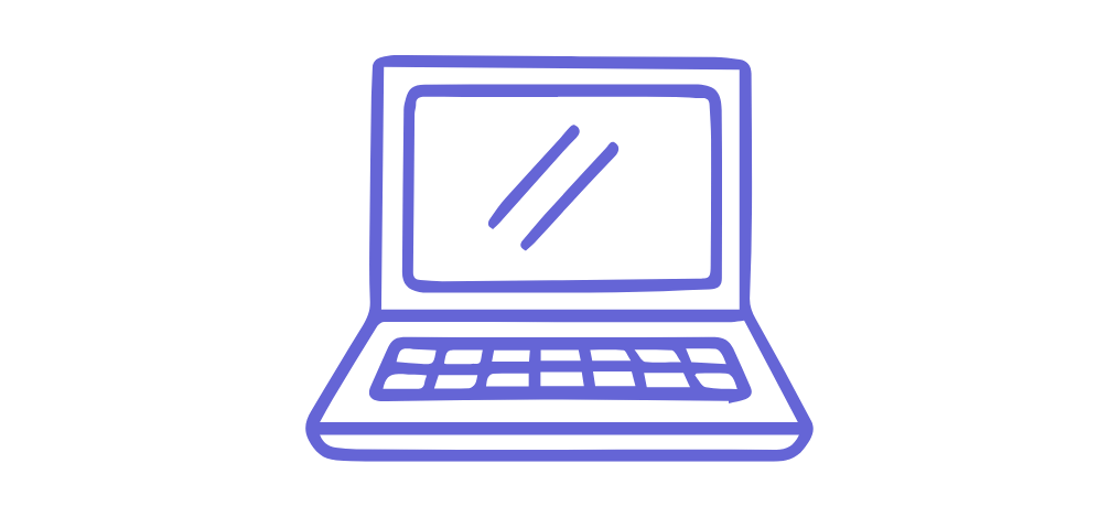 Simple line drawing of an open laptop with a screen and keyboard, depicted in blue on a black background.