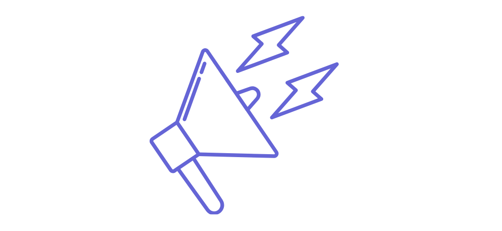 Outline drawing of a megaphone with lightning bolts around it indicating loud or deafening sound.