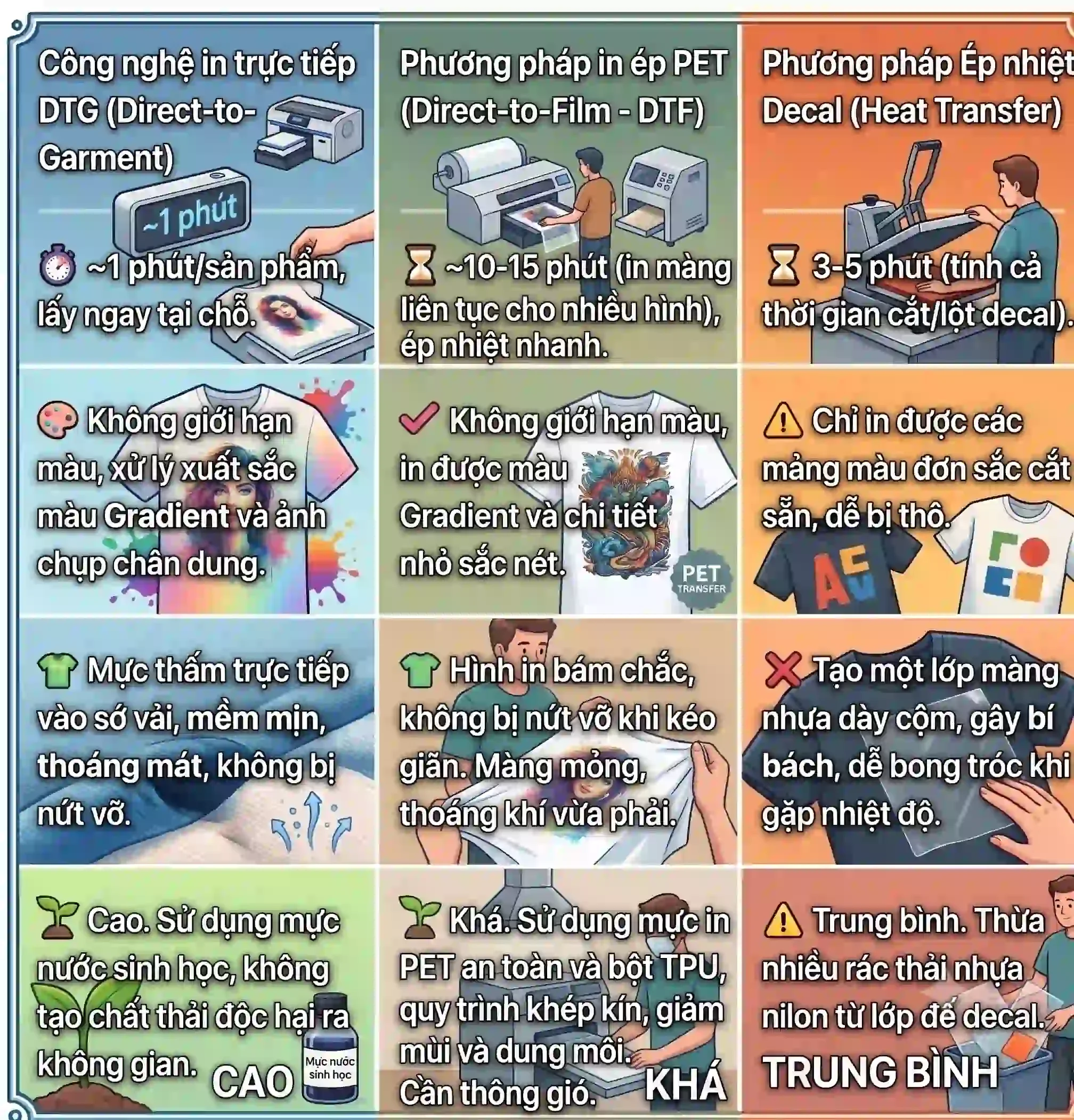 Ưu điểm của công nghệ in DTG phù hợp với sự kiện in trực tiếp so với công nghệ in PET và in Decal.
