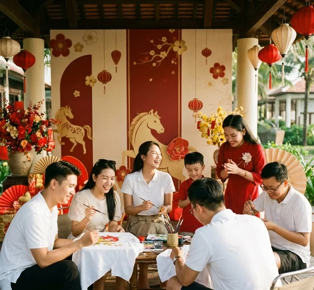 Cách kích hoạt trải nghiệm Tết Bính Ngọ 2026 tại resort bằng áo thun cá nhân hóa tại chỗ