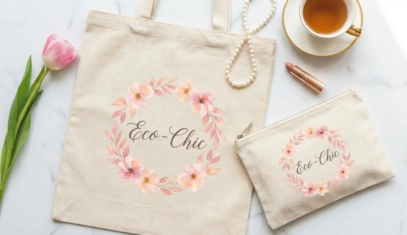 Bộ quà tặng 8/3 Eco-Chic gồm túi tote và túi đựng mỹ phẩm vải canvas in hình hoa nghệ thuật đồng bộ.