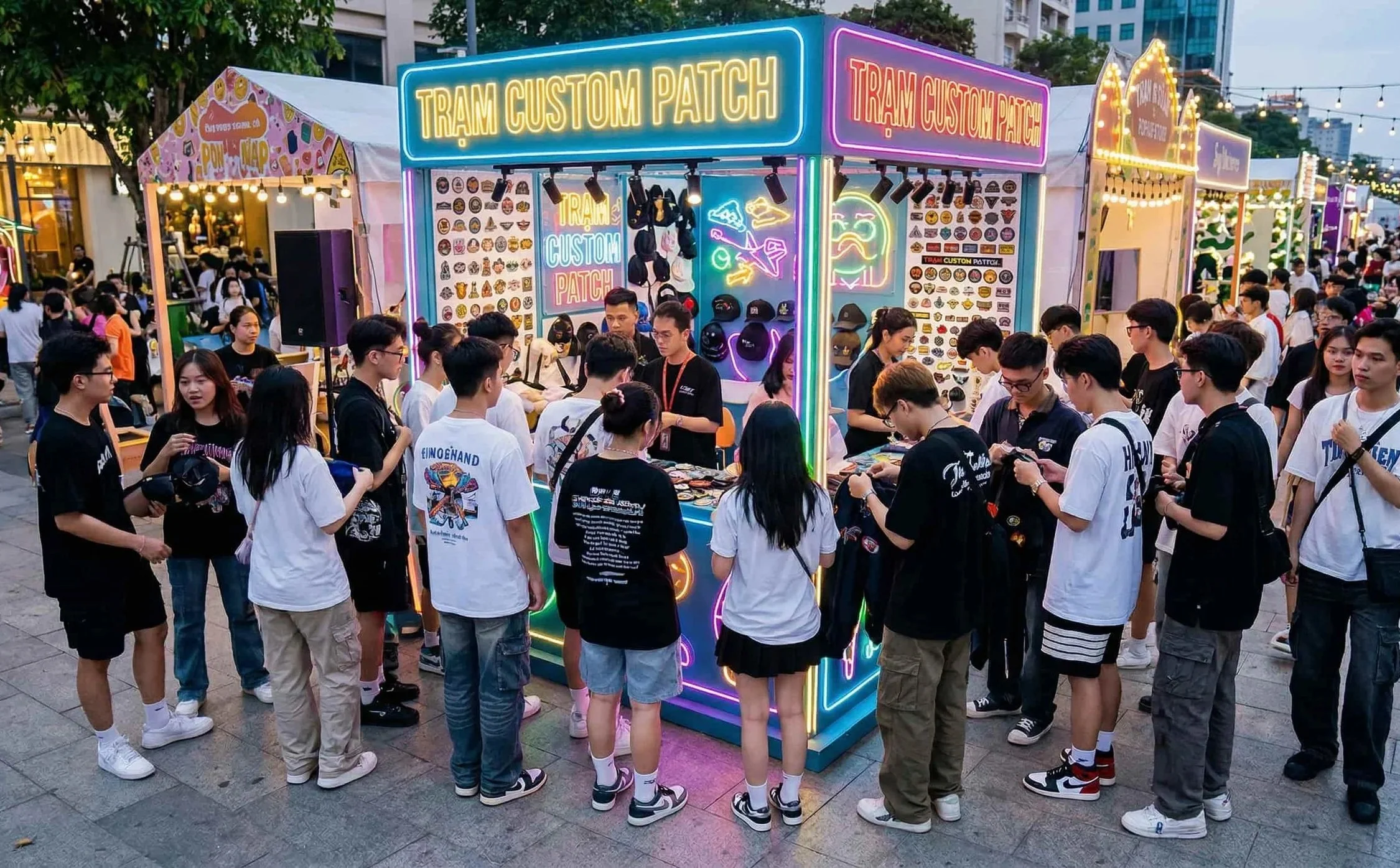 Khách hàng đang tự tay lựa chọn các miếng patch vải thêu phong cách Y2K để thiết kế cá nhân hóa lên túi tote canvas.