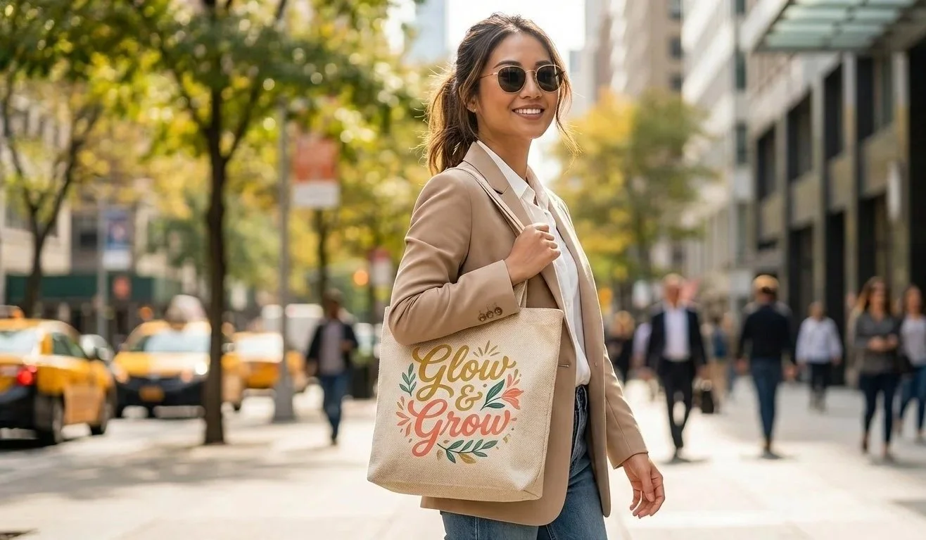 Nữ nhân viên văn phòng sành điệu phối đồ cùng túi tote canvas in chữ truyền động lực.