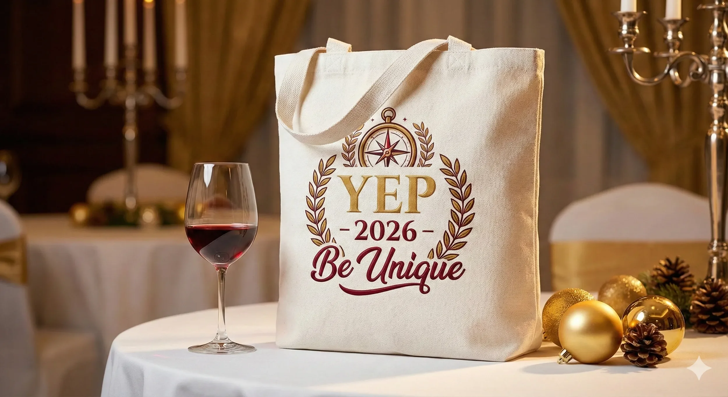 Mẫu túi tote vải canvas màu mộc (Eco-chic) in hình typography YEP 2026 sắc nét đặt trên bàn tiệc sang trọng, minh họa chất lượng quà tặng doanh nghiệp premium.