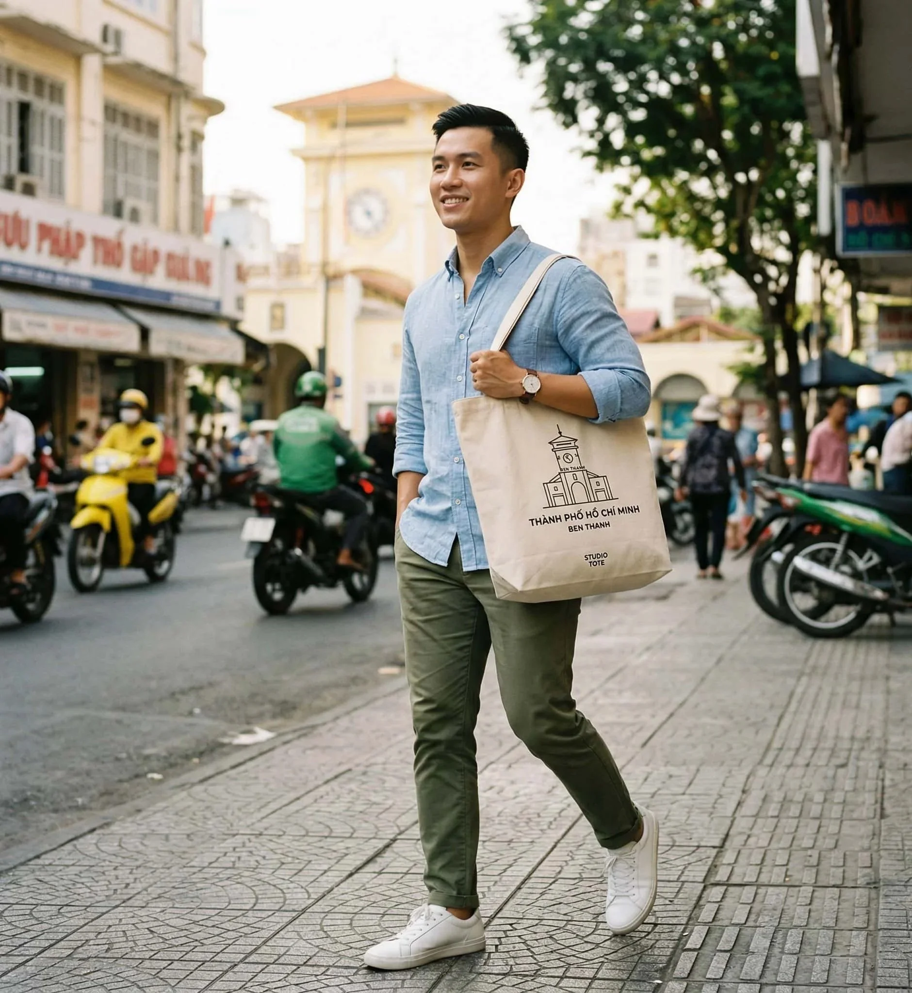 Khách hàng sử dụng túi canvas in logo thương hiệu dạo phố như một biển quảng cáo di động hiệu quả