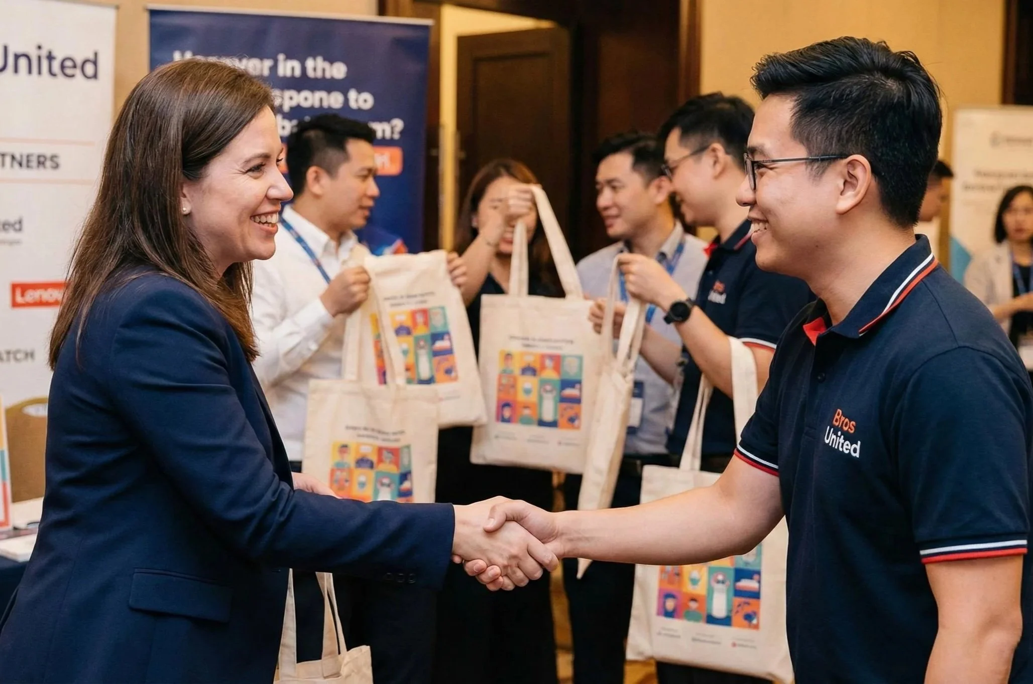 Đại diện doanh nghiệp và Bros United bắt tay hợp tác tổ chức thành công sự kiện in quà tặng 8/3.