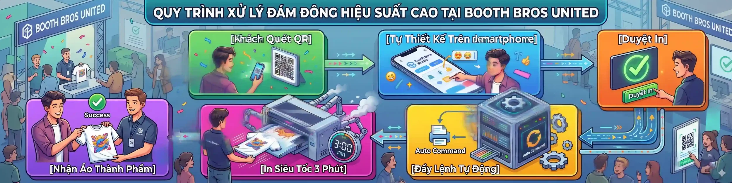 Trạm in áo thun sự kiện với quy trình xử lý đám đông hiệu suất cao của Bros United