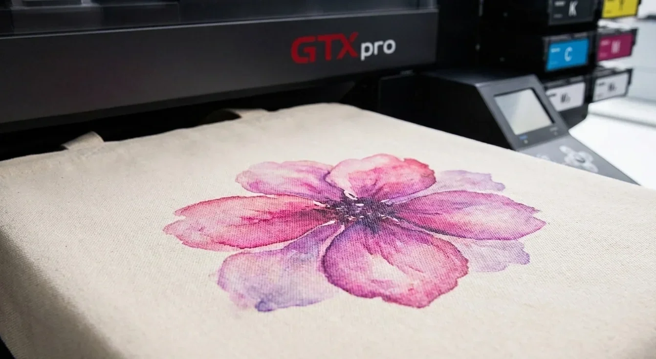 Máy in Brother GTXpro in hình hoa màu nước lên túi vải canvas sắc nét và mềm mịn.