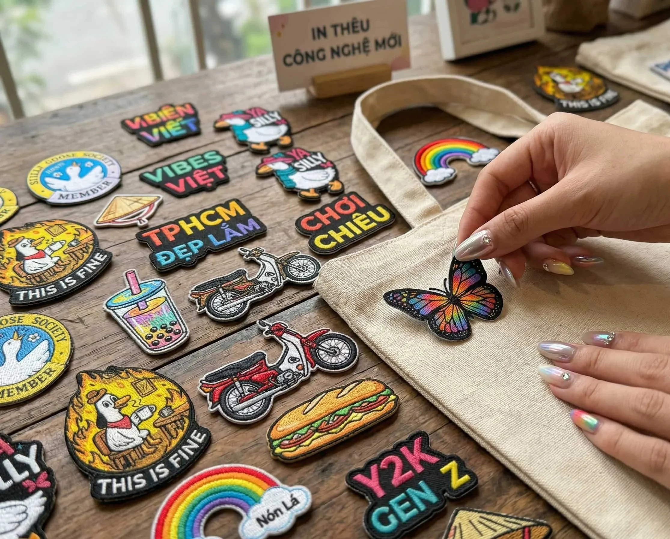 Khách hàng đang tự tay lựa chọn các miếng patch vải thêu phong cách Y2K để thiết kế cá nhân hóa lên túi tote canvas.