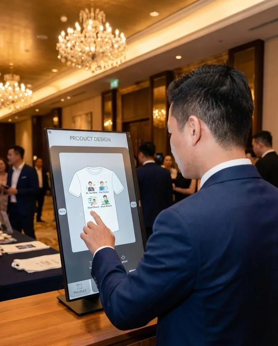 Khách mời tự tay thao tác trên màn hình iPad để chọn thiết kế danh xưng vui nhộn cho quà tặng in ấn tại quầy check-in sự kiện Year End Party.