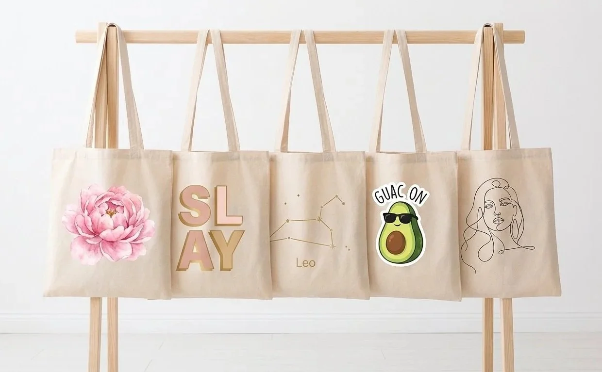 Bộ sưu tập 5 mẫu túi tote canvas in hình xu hướng 8/3: Hoa màu nước, Typography, Cung hoàng đạo, Hoạt hình và Line art.