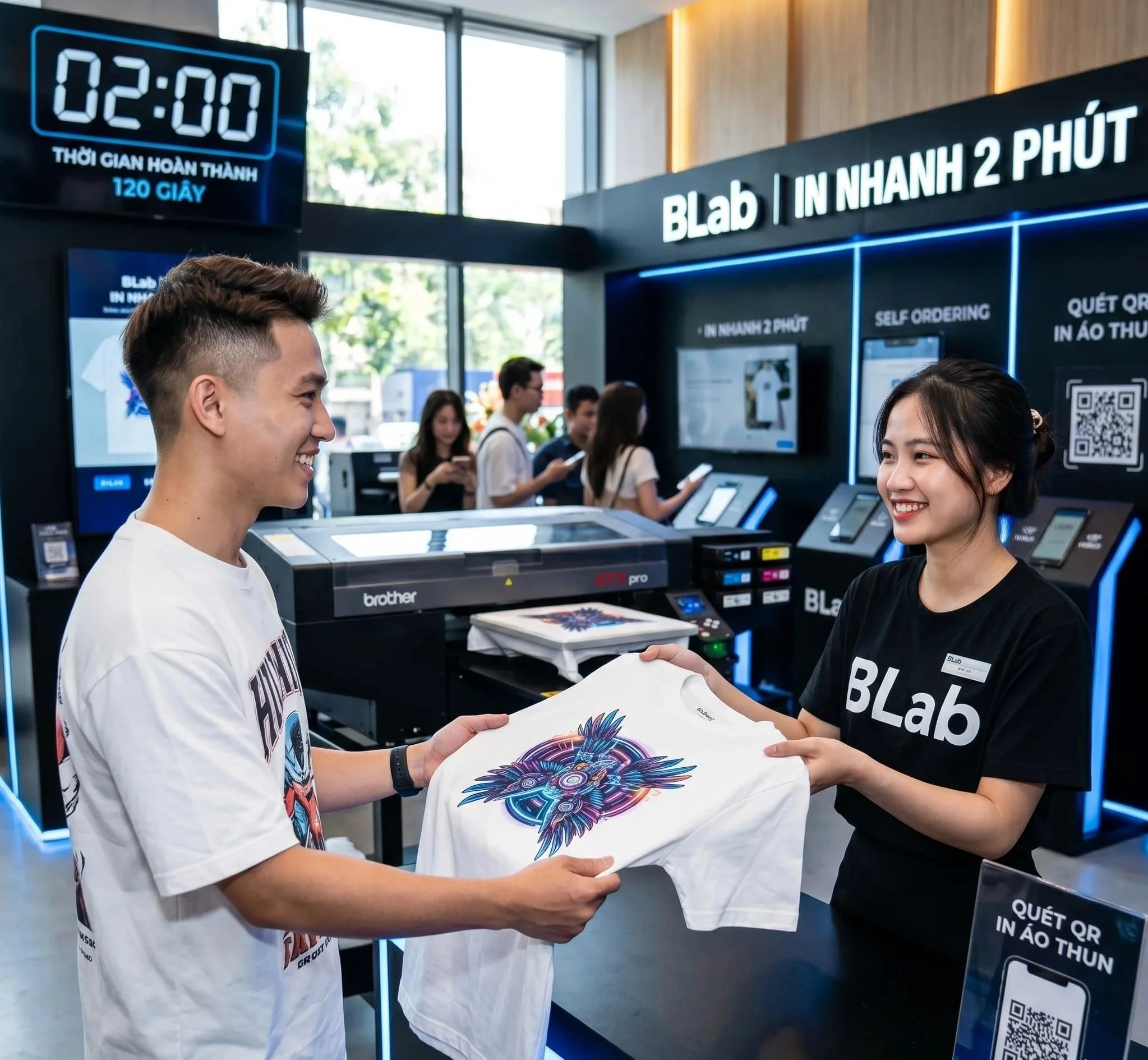 Tốc độ in áo siêu tốc 1-3 phút tại booth sự kiện Bros United