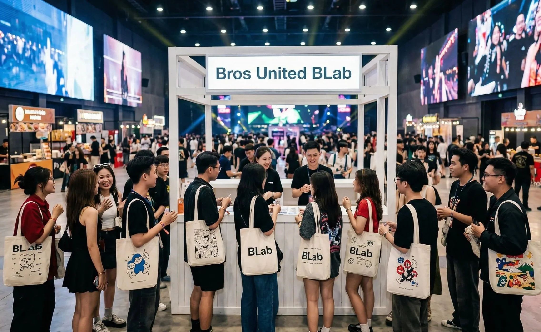 Đám đông giới trẻ hào hứng nhận túi canvas cá nhân hóa tại trạm in trực tiếp Bros United trong sự kiện Brand Activation.