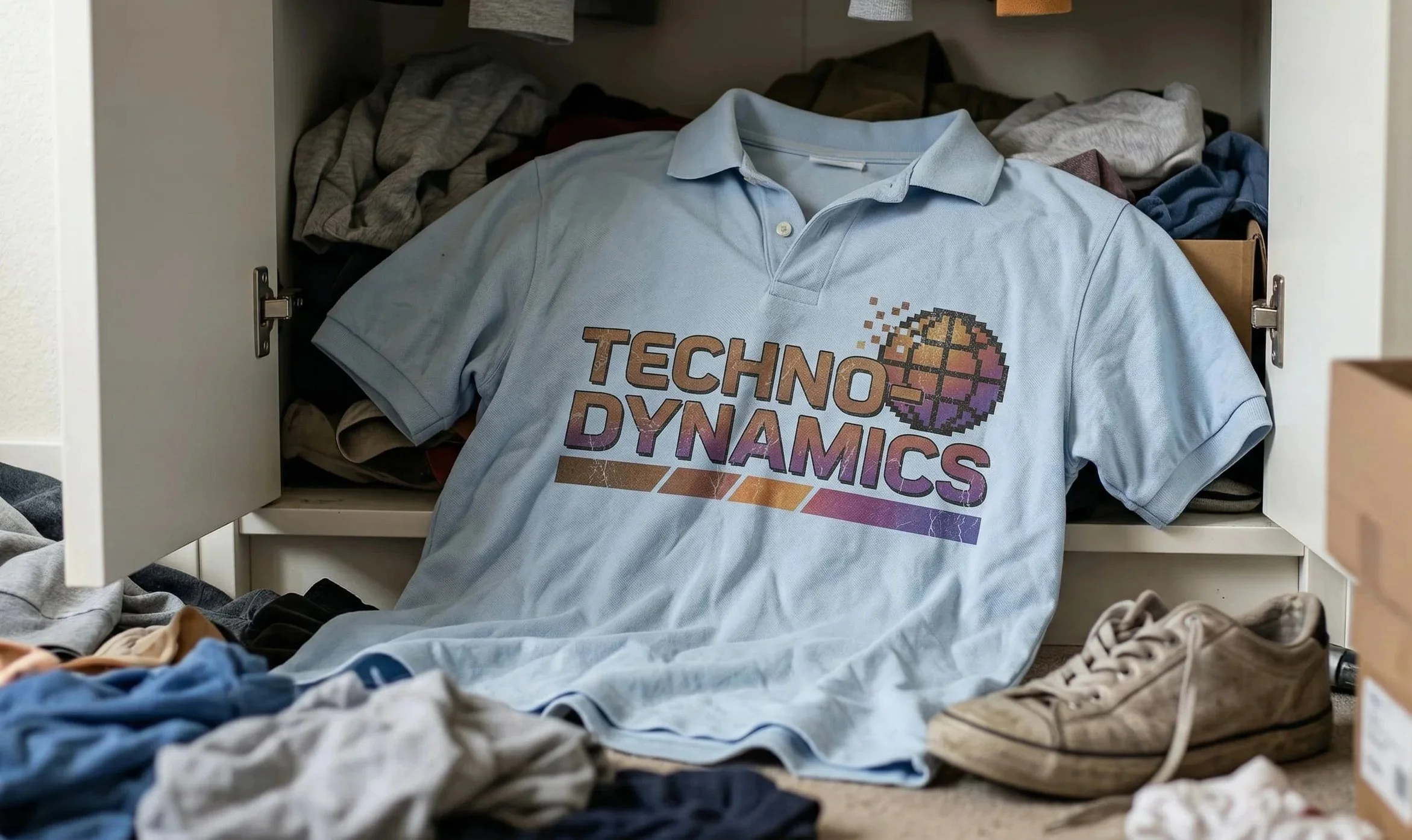 Áo đồng phục công ty thiết kế cũ kỹ, chất liệu kém bị nhân viên vứt xó trong tủ đồ quần áo sau sự kiện team building.