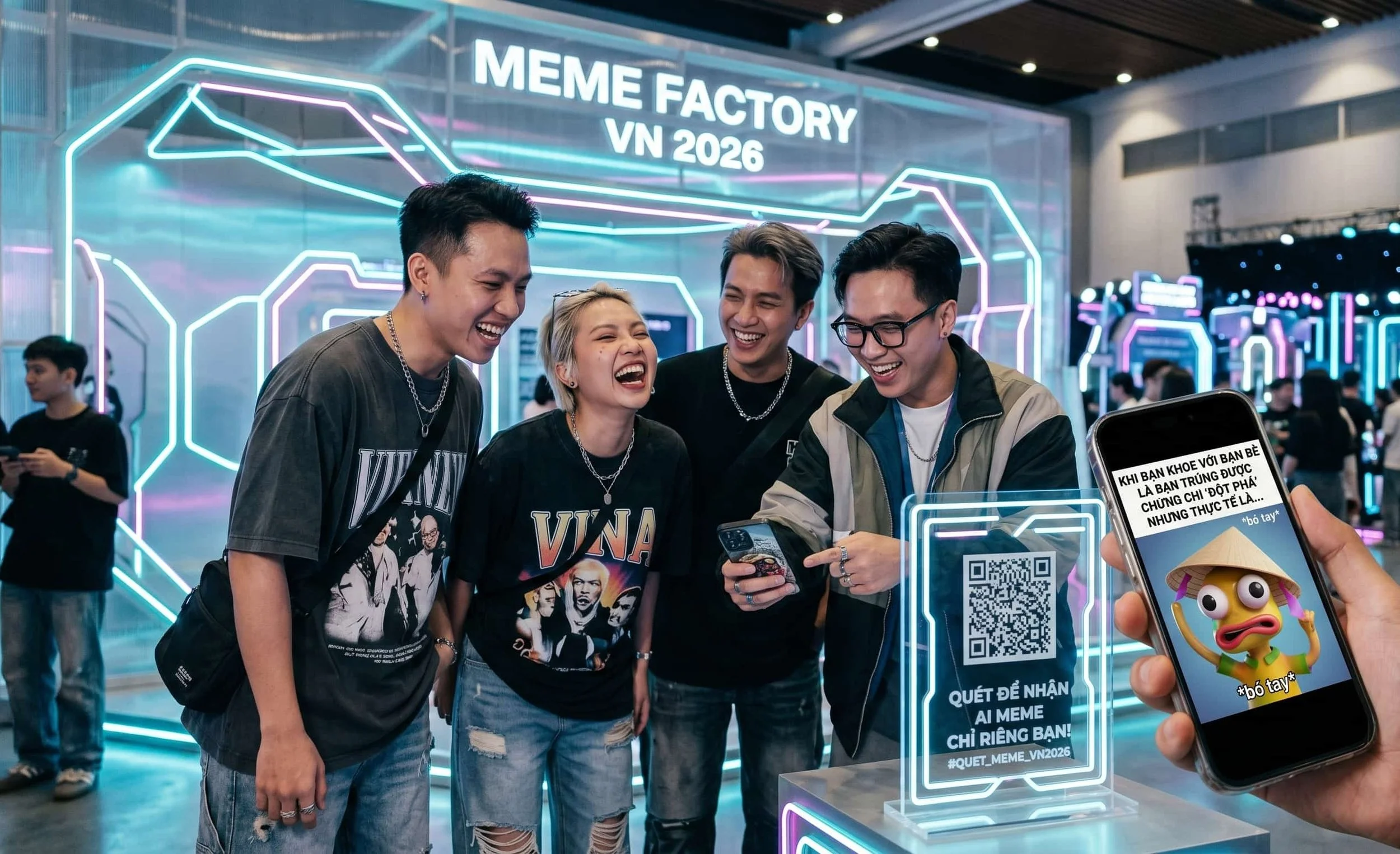 Ý tưởng booth sự kiện tương tác AI Meme quét mã QR thu hút Gen Z
