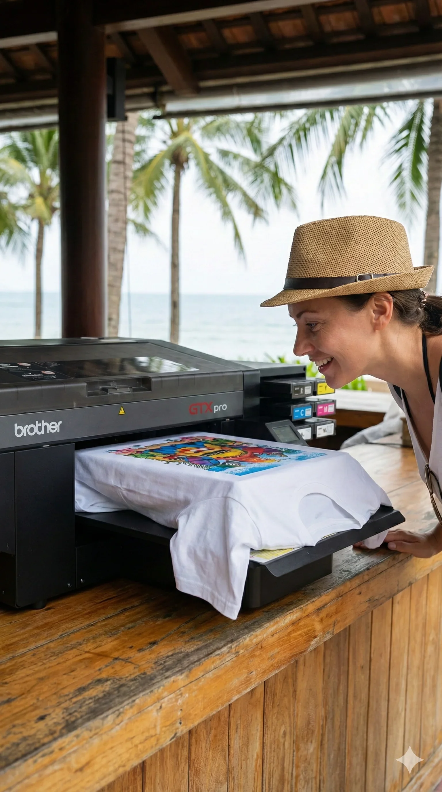 Du khách thích thú theo dõi quy trình in áo thun trực tiếp tại quầy sự kiện